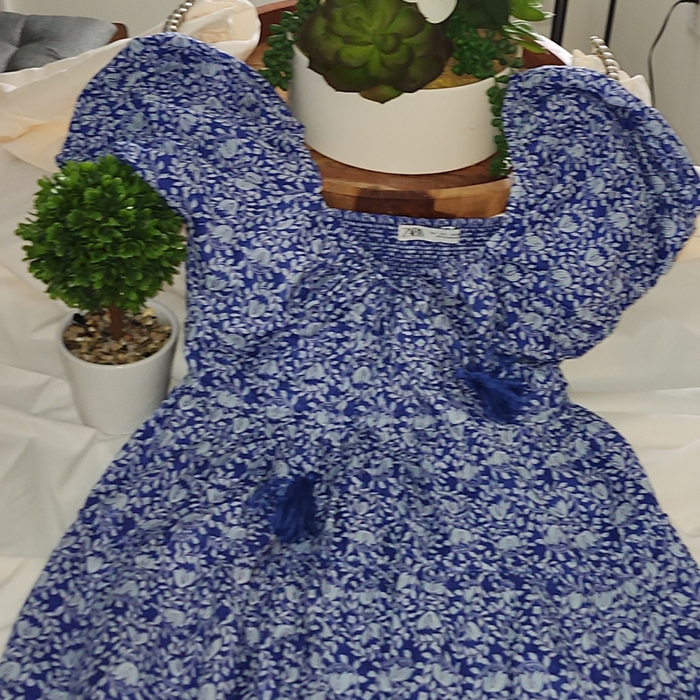 CUTE  Printed Dress Short Blue Balloon Sleeves - Picture 5 of 8